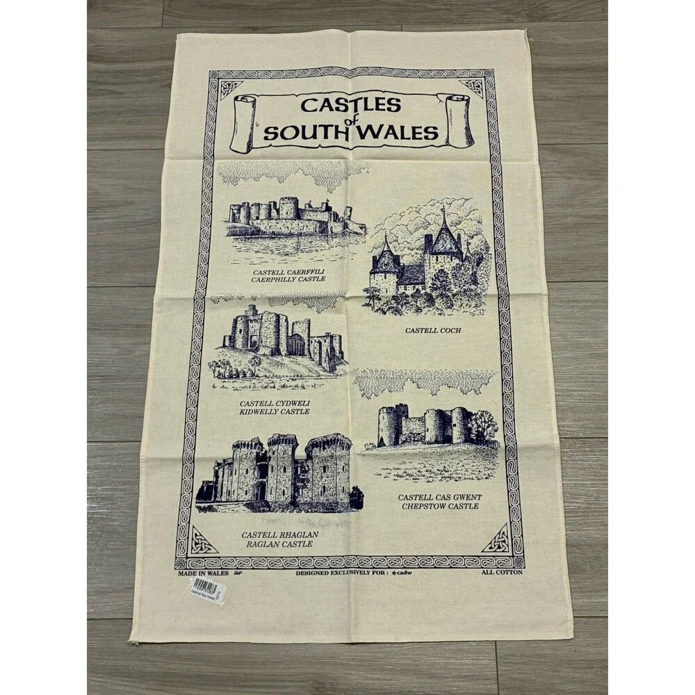 Cotton Tea Towel Souvenir Of “The Castles Of South Wales” Vintage